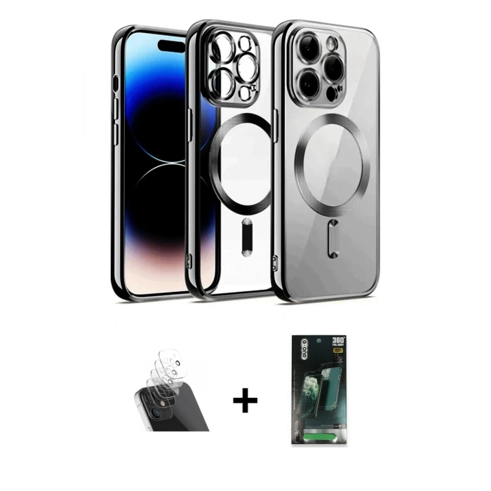 MARSİLYAN™- iPhone 12 Pro Kılıf Nova Işık Özel Seri - Şeffaf 360 Full Body Arka Koruyucu + Şeffaf Kamera Lens Koruma Cam