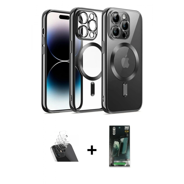 MARSİLYAN™- iPhone 12 Pro Kılıf Nova Işık Özel Seri - Şeffaf 360 Full Body Arka Koruyucu + Şeffaf Kamera Lens Koruma Cam