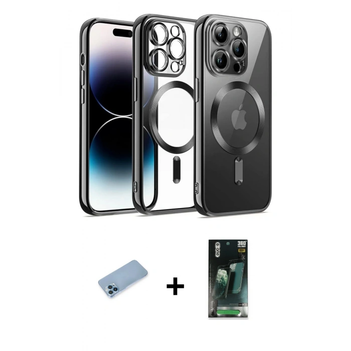 MARSİLYAN™- iPhone 12 Pro Kılıf Nova Işık Özel Seri - Şeffaf 360 Full Body Arka Koruyucu + Shine Kamera Lens Koruma Cam - MI
