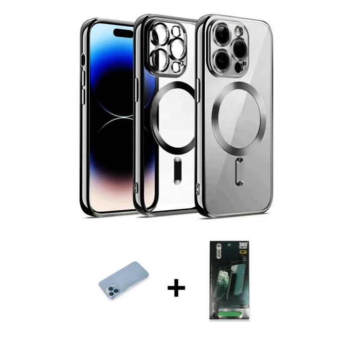 MARSİLYAN™- iPhone 12 Pro Kılıf Nova Işık Özel Seri - Şeffaf 360 Full Body Arka Koruyucu + Shine Kamera Lens Koruma Cam - MI