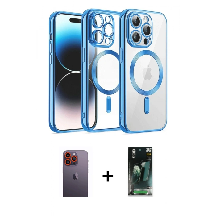 MARSİLYAN™- iPhone 12 Pro Kılıf Nova Işık Özel Seri - Şeffaf 360 Full Body Arka Koruyucu + Neon Fosforlu Kamera Lens - TU