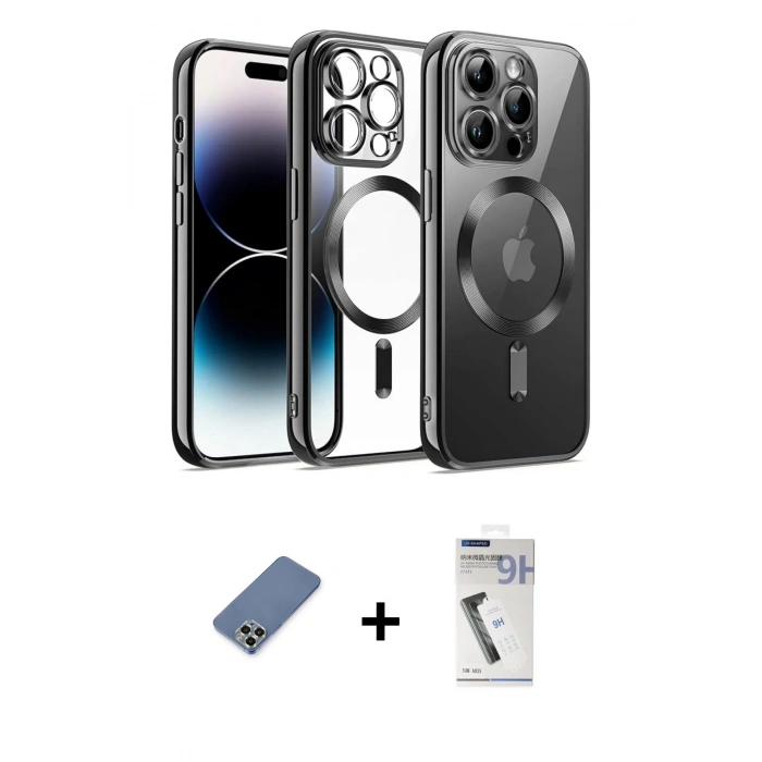MARSİLYAN™- iPhone 12 Pro Kılıf Nova Işık Özel Seri - Şeffaf Uv Polymer Nano Ekran Koruyucu + Metal Kamera Lens Koruma Cam - AKYL