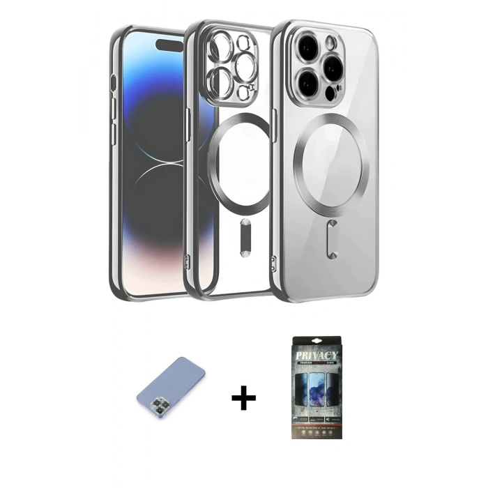 MARSİLYAN™- iPhone 12 Pro Kılıf Nova Işık Özel Seri - Siyah 34D Hayalet Izgaralı Cam + Metal Kamera Lens Koruma Cam - KUYL