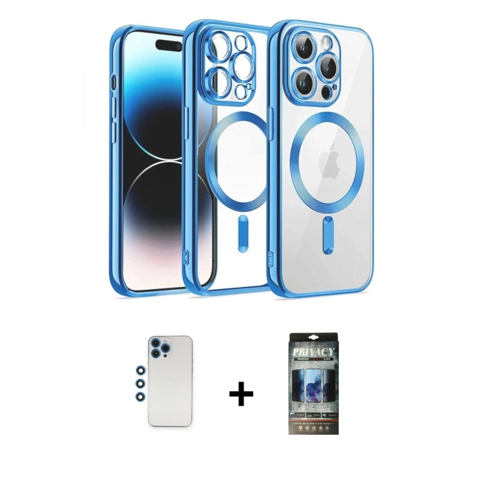 MARSİLYAN™- iPhone 12 Pro Kılıf Nova Işık Özel Seri - Siyah 34D Hayalet Izgaralı Cam + Mavi Shine Kamera Lens