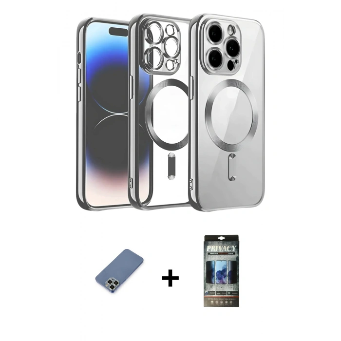 MARSİLYAN™- iPhone 12 Pro Kılıf Nova Işık Özel Seri - Siyah 34D Hayalet Izgaralı Cam + Metal Kamera Lens Koruma Cam - AKYL