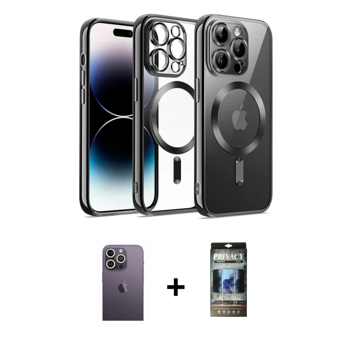 MARSİLYAN™- iPhone 12 Pro Kılıf Nova Işık Özel Seri - Siyah 34D Hayalet Izgaralı Cam + Neon Fosforlu Kamera Lens - BZ