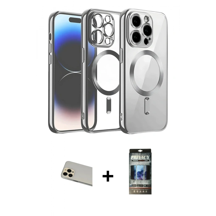 MARSİLYAN™- iPhone 12 Pro Kılıf Nova Işık Özel Seri - Siyah 34D Hayalet Izgaralı Cam + Rainbow Kamera Lens Koruma Cam - GD