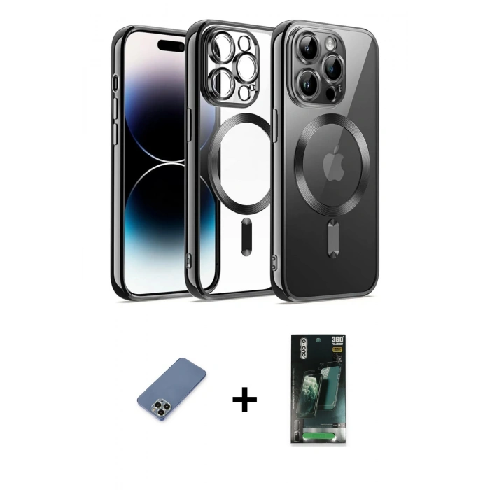 MARSİLYAN™- iPhone 12 Pro Kılıf Nova Işık Özel Seri - Siyah 360 Mat Full Body Arka Koruyucu + Metal Kamera Lens Koruma Cam - AKYL