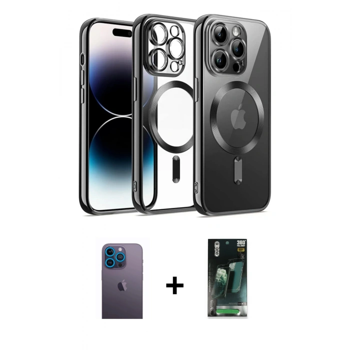 MARSİLYAN™- iPhone 12 Pro Kılıf Nova Işık Özel Seri - Siyah 360 Mat Full Body Arka Koruyucu + Neon Fosforlu Kamera Lens - MI