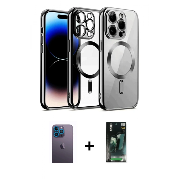 MARSİLYAN™- iPhone 12 Pro Kılıf Nova Işık Özel Seri - Siyah 360 Mat Full Body Arka Koruyucu + Neon Fosforlu Kamera Lens - MI