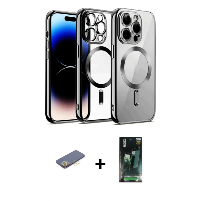 MARSİLYAN™- iPhone 12 Pro Kılıf Nova Işık Özel Seri - Siyah 360 Mat Full Body Arka Koruyucu + Renkli Kamera Lens Koruma Cam - SI