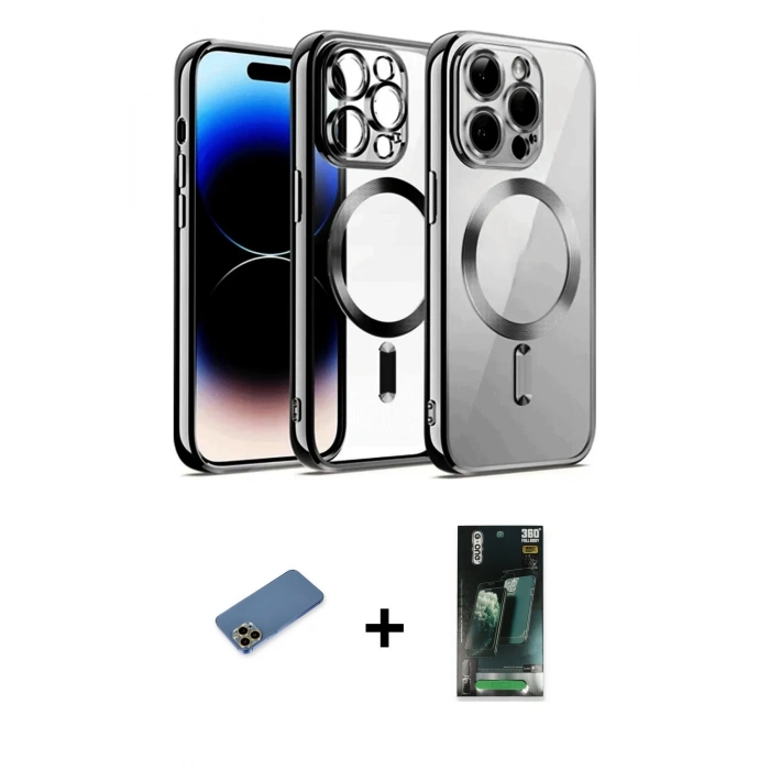 MARSİLYAN™- iPhone 12 Pro Kılıf Nova Işık Özel Seri - Siyah 360 Mat Full Body Arka Koruyucu + Shine Kamera Lens Koruma Cam - GD