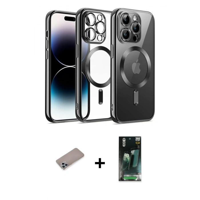 MARSİLYAN™- iPhone 12 Pro Kılıf Nova Işık Özel Seri - Siyah 360 Mat Full Body Arka Koruyucu + Shine Kamera Lens Koruma Cam - SABE