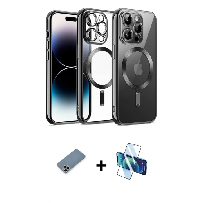 MARSİLYAN™- iPhone 12 Pro Kılıf Nova Işık Özel Seri - Siyah 3D Antistatik Cam Ekran Koruyucu + Metal Kamera Lens Koruma Cam - MR