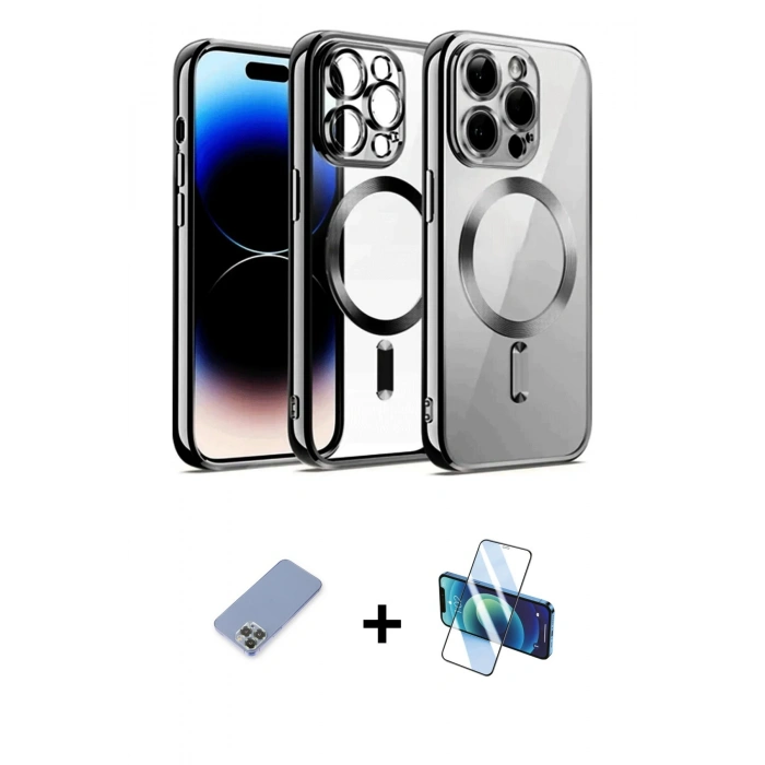 MARSİLYAN™- iPhone 12 Pro Kılıf Nova Işık Özel Seri - Siyah 3D Antistatik Cam Ekran Koruyucu + Metal Kamera Lens Koruma Cam - KUYL
