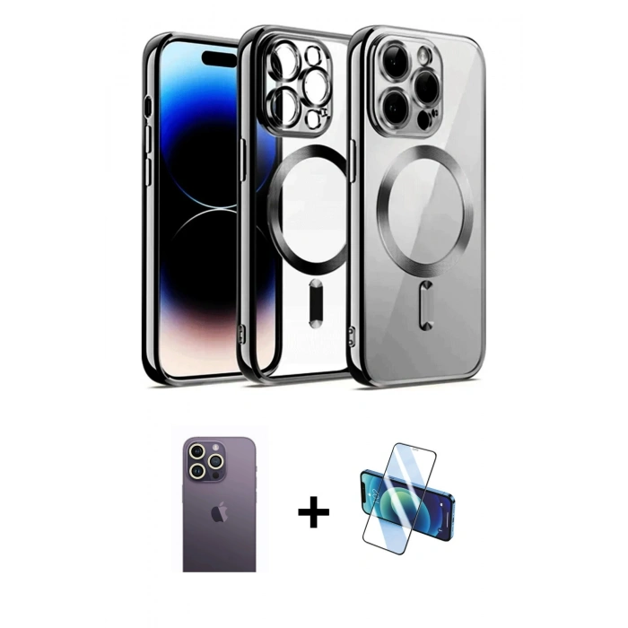MARSİLYAN™- iPhone 12 Pro Kılıf Nova Işık Özel Seri - Siyah 3D Antistatik Cam Ekran Koruyucu + Neon Fosforlu Kamera Lens - BZ