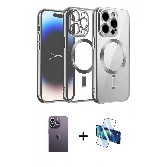 MARSİLYAN™- iPhone 12 Pro Kılıf Nova Işık Özel Seri - Siyah 3D Antistatik Cam Ekran Koruyucu + Neon Fosforlu Kamera Lens - BZ