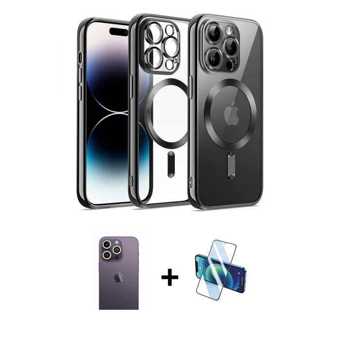 MARSİLYAN™- iPhone 12 Pro Kılıf Nova Işık Özel Seri - Siyah 3D Antistatik Cam Ekran Koruyucu + Neon Fosforlu Kamera Lens - BZ