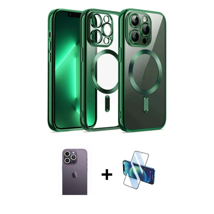 MARSİLYAN™- iPhone 12 Pro Kılıf Nova Işık Özel Seri - Siyah 3D Antistatik Cam Ekran Koruyucu + Neon Fosforlu Kamera Lens - BZ