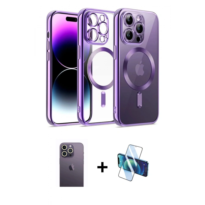 MARSİLYAN™- iPhone 12 Pro Kılıf Nova Işık Özel Seri - Siyah 3D Antistatik Cam Ekran Koruyucu + Neon Fosforlu Kamera Lens - BZ