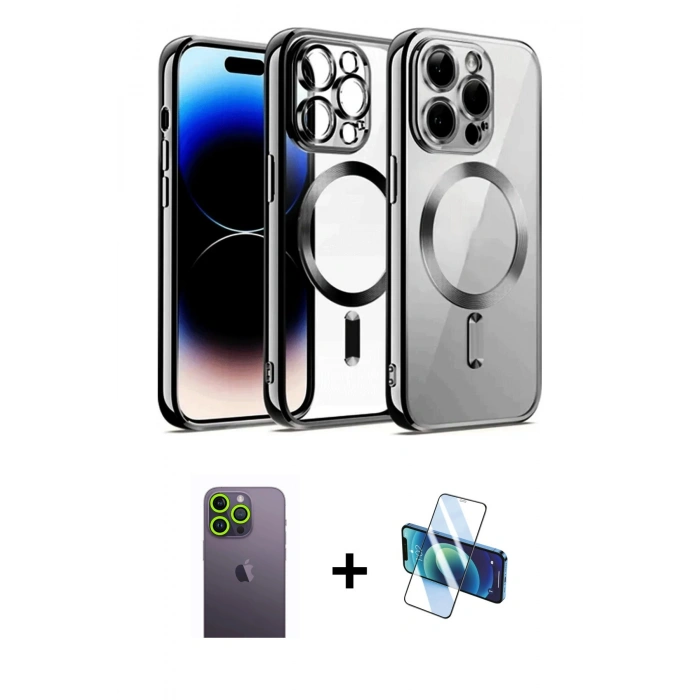 MARSİLYAN™- iPhone 12 Pro Kılıf Nova Işık Özel Seri - Siyah 3D Antistatik Cam Ekran Koruyucu + Neon Fosforlu Kamera Lens - YL