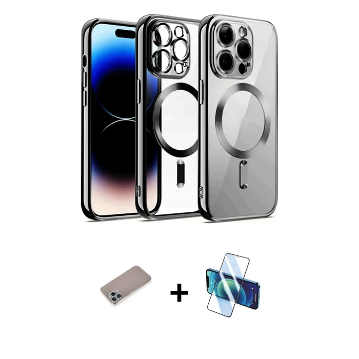 MARSİLYAN™- iPhone 12 Pro Kılıf Nova Işık Özel Seri - Siyah 3D Antistatik Cam Ekran Koruyucu + Shine Kamera Lens Koruma Cam - SABE
