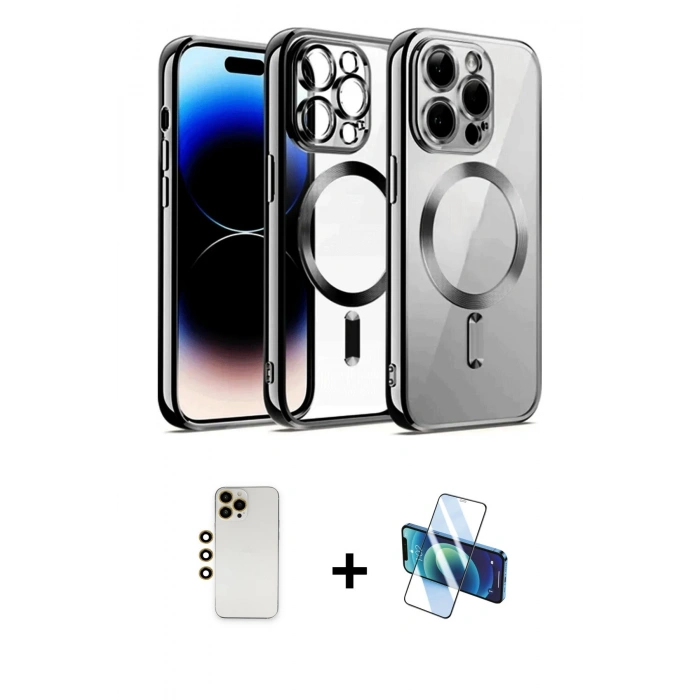 MARSİLYAN™- iPhone 12 Pro Kılıf Nova Işık Özel Seri - Siyah 3D Antistatik Cam Ekran Koruyucu + Shine Kamera Lens - GD