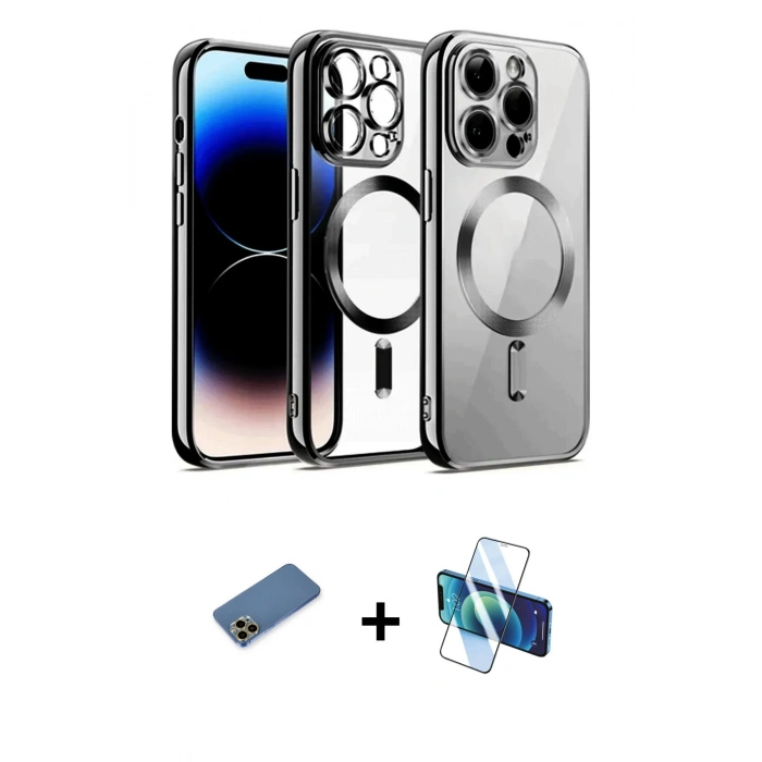 MARSİLYAN™- iPhone 12 Pro Kılıf Nova Işık Özel Seri - Siyah 3D Antistatik Cam Ekran Koruyucu + Shine Kamera Lens Koruma Cam - GD