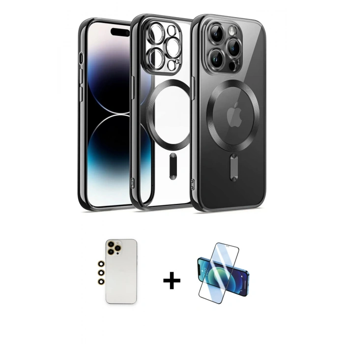 MARSİLYAN™- iPhone 12 Pro Kılıf Nova Işık Özel Seri - Siyah 3D Antistatik Cam Ekran Koruyucu + Shine Kamera Lens - GD
