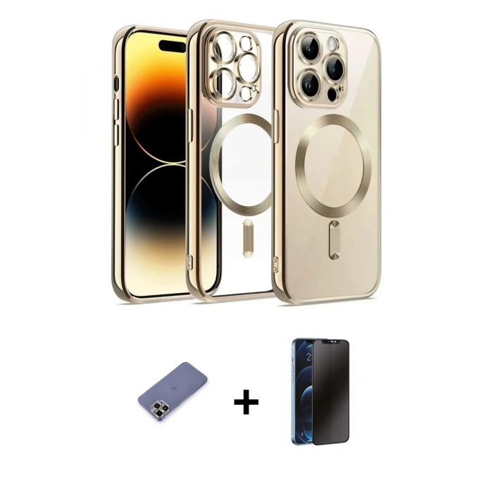 MARSİLYAN™- iPhone 12 Pro Kılıf Nova Işık Özel Seri - Siyah 3D Antistatik Hayalet Cam Ekran Koruyucu + Gold Metal Kamera Lens Koruma Cam