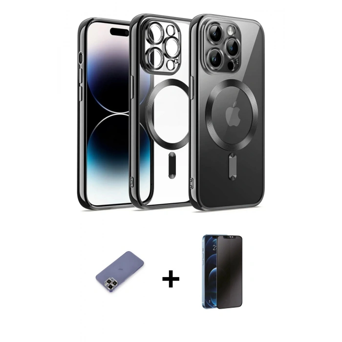 MARSİLYAN™- iPhone 12 Pro Kılıf Nova Işık Özel Seri - Siyah 3D Antistatik Hayalet Cam Ekran Koruyucu + Gold Metal Kamera Lens Koruma Cam