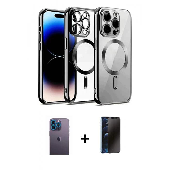 MARSİLYAN™- iPhone 12 Pro Kılıf Nova Işık Özel Seri - Siyah 3D Antistatik Hayalet Cam Ekran Koruyucu + Neon Fosforlu Kamera Lens - MI