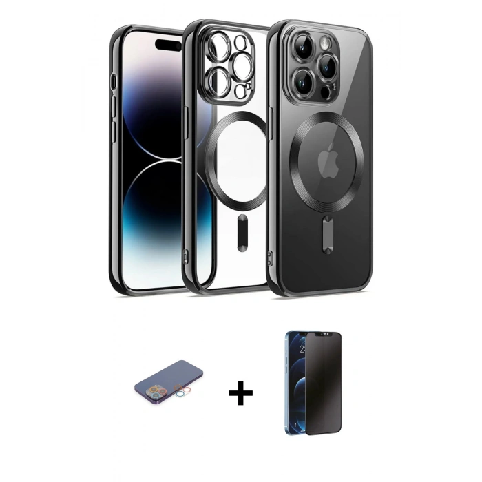 MARSİLYAN™- iPhone 12 Pro Kılıf Nova Işık Özel Seri - Siyah 3D Antistatik Hayalet Cam Ekran Koruyucu + Renkli Kamera Lens Koruma Cam - PE