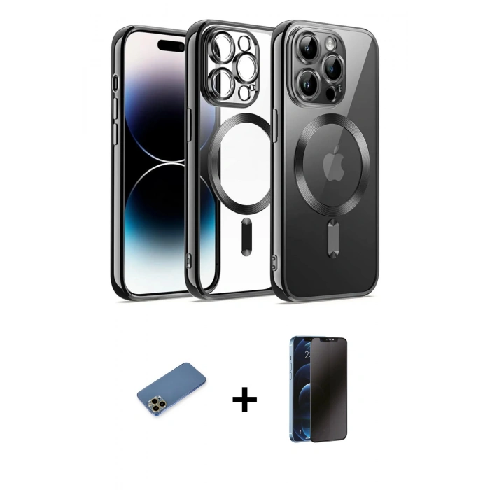 MARSİLYAN™- iPhone 12 Pro Kılıf Nova Işık Özel Seri - Siyah 3D Antistatik Hayalet Cam Ekran Koruyucu + Shine Kamera Lens Koruma Cam - GD