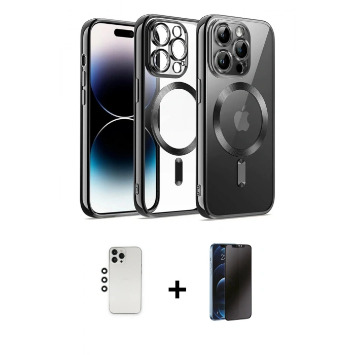 MARSİLYAN™- iPhone 12 Pro Kılıf Nova Işık Özel Seri - Siyah 3D Antistatik Hayalet Cam Ekran Koruyucu + Shine Kamera Lens - GS