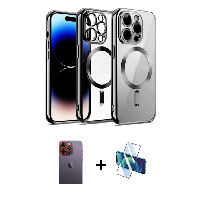 MARSİLYAN™- iPhone 12 Pro Kılıf Nova Işık Özel Seri - Siyah 3D Antistatik Seramik Nano Ekran Koruyucu + Neon Fosforlu Kamera Lens - TU