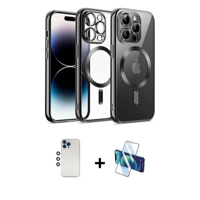 MARSİLYAN™- iPhone 12 Pro Kılıf Nova Işık Özel Seri - Siyah 3D Antistatik Seramik Nano Ekran Koruyucu + Shine Kamera Lens - MI