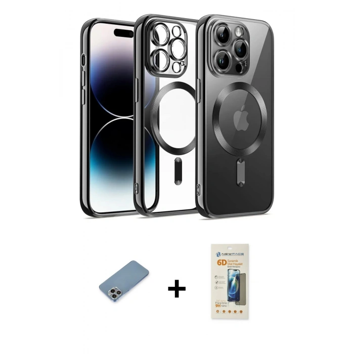 MARSİLYAN™- iPhone 12 Pro Kılıf Nova Işık Özel Seri - Siyah 6D Mat Seramik Hayalet Nano Ekran Koruyucu + Shine Kamera Lens Koruma Cam - GI