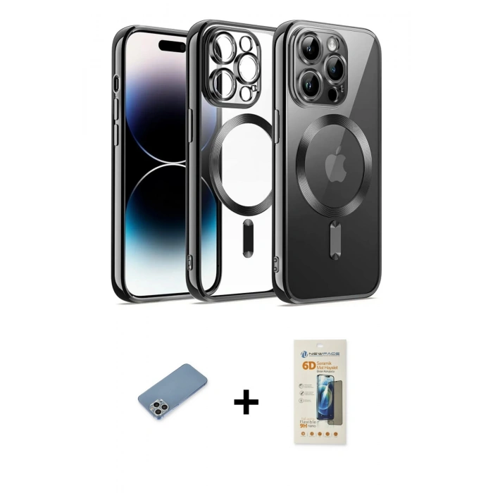 MARSİLYAN™- iPhone 12 Pro Kılıf Nova Işık Özel Seri - Siyah 6D Mat Seramik Hayalet Nano Ekran Koruyucu + Shine Kamera Lens Koruma Cam - GS