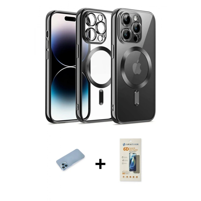 MARSİLYAN™- iPhone 12 Pro Kılıf Nova Işık Özel Seri - Siyah 6D Mat Seramik Hayalet Nano Ekran Koruyucu + Shine Kamera Lens Koruma Cam - MI