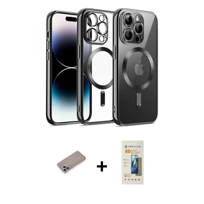 MARSİLYAN™- iPhone 12 Pro Kılıf Nova Işık Özel Seri - Siyah 6D Mat Seramik Hayalet Nano Ekran Koruyucu + Sierra Blue Shine Kamera Lens Koruma Cam