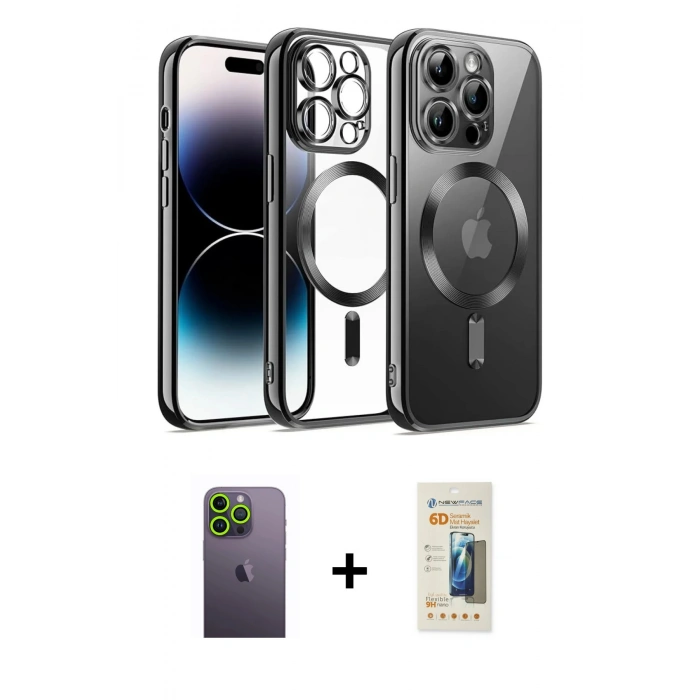 MARSİLYAN™- iPhone 12 Pro Kılıf Nova Işık Özel Seri - Siyah 6D Mat Seramik Hayalet Nano Ekran Koruyucu + Yeşil Neon Fosforlu Kamera Lens