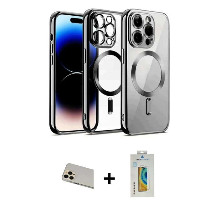 MARSİLYAN™- iPhone 12 Pro Kılıf Nova Işık Özel Seri - Siyah Polymer Nano Ekran Koruyucu + Gold Rainbow Kamera Lens Koruma Cam