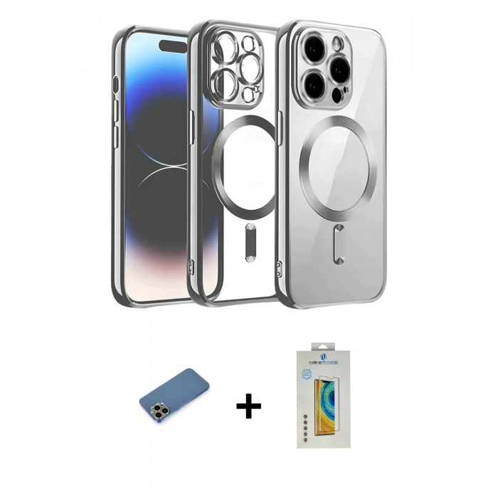 MARSİLYAN™- iPhone 12 Pro Kılıf Nova Işık Özel Seri - Siyah Polymer Nano Ekran Koruyucu + Gold Shine Kamera Lens Koruma Cam