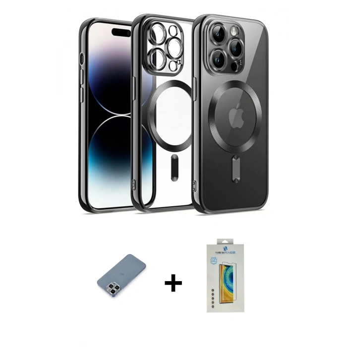 MARSİLYAN™- iPhone 12 Pro Kılıf Nova Işık Özel Seri - Siyah Polymer Nano Ekran Koruyucu + Metal Kamera Lens Koruma Cam - GS