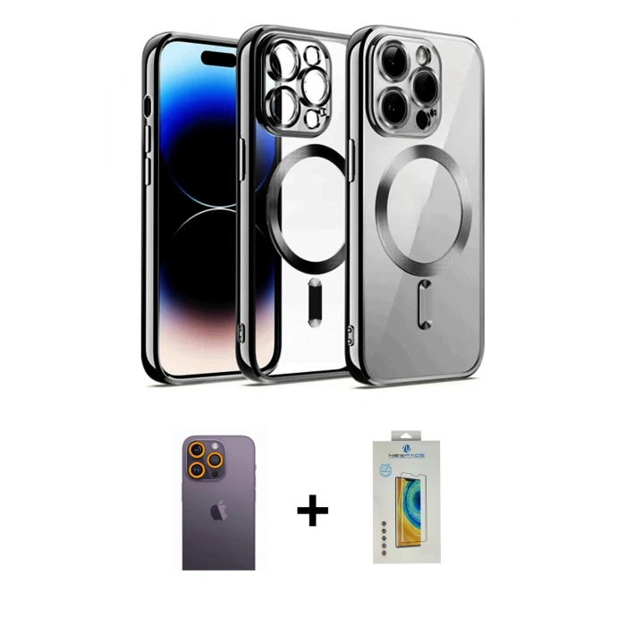 MARSİLYAN™- iPhone 12 Pro Kılıf Nova Işık Özel Seri - Siyah Polymer Nano Ekran Koruyucu + Neon Fosforlu Kamera Lens - SI