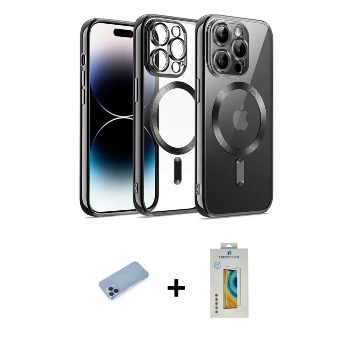 MARSİLYAN™- iPhone 12 Pro Kılıf Nova Işık Özel Seri - Siyah Polymer Nano Ekran Koruyucu + Shine Kamera Lens Koruma Cam - MI