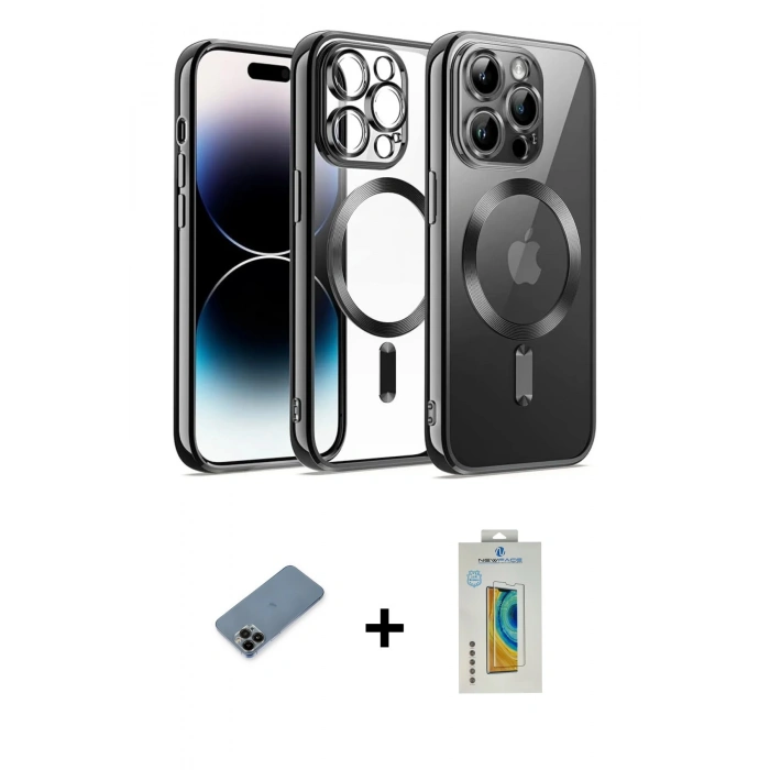 MARSİLYAN™- iPhone 12 Pro Kılıf Nova Işık Özel Seri - Siyah Polymer Nano Ekran Koruyucu + Shine Kamera Lens Koruma Cam - SH