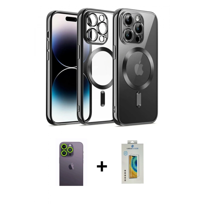 MARSİLYAN™- iPhone 12 Pro Kılıf Nova Işık Özel Seri - Siyah Polymer Nano Ekran Koruyucu + Neon Fosforlu Kamera Lens - YL
