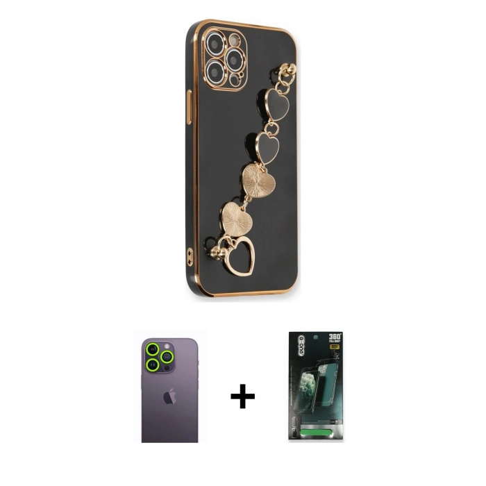 MARSİLYAN™- iPhone 12 Pro Kılıf Nova Işık Prime - Şeffaf 360 Full Body Arka Koruyucu + Yeşil Neon Fosforlu Kamera Lens